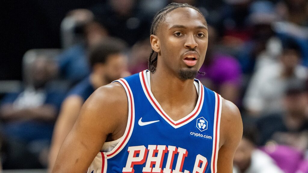 Tyrese Maxey of the Philadelphia 76ers in a blue Philadelphia jersey during a game