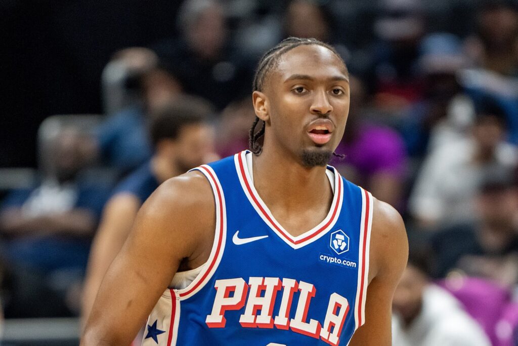 Tyrese Maxey of the Philadelphia 76ers on the court during a game in 2026