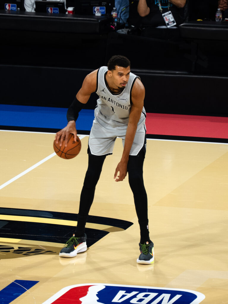 Victor Wembanyama in a San Antonio Spurs uniform during a 2025 NBA Cup game