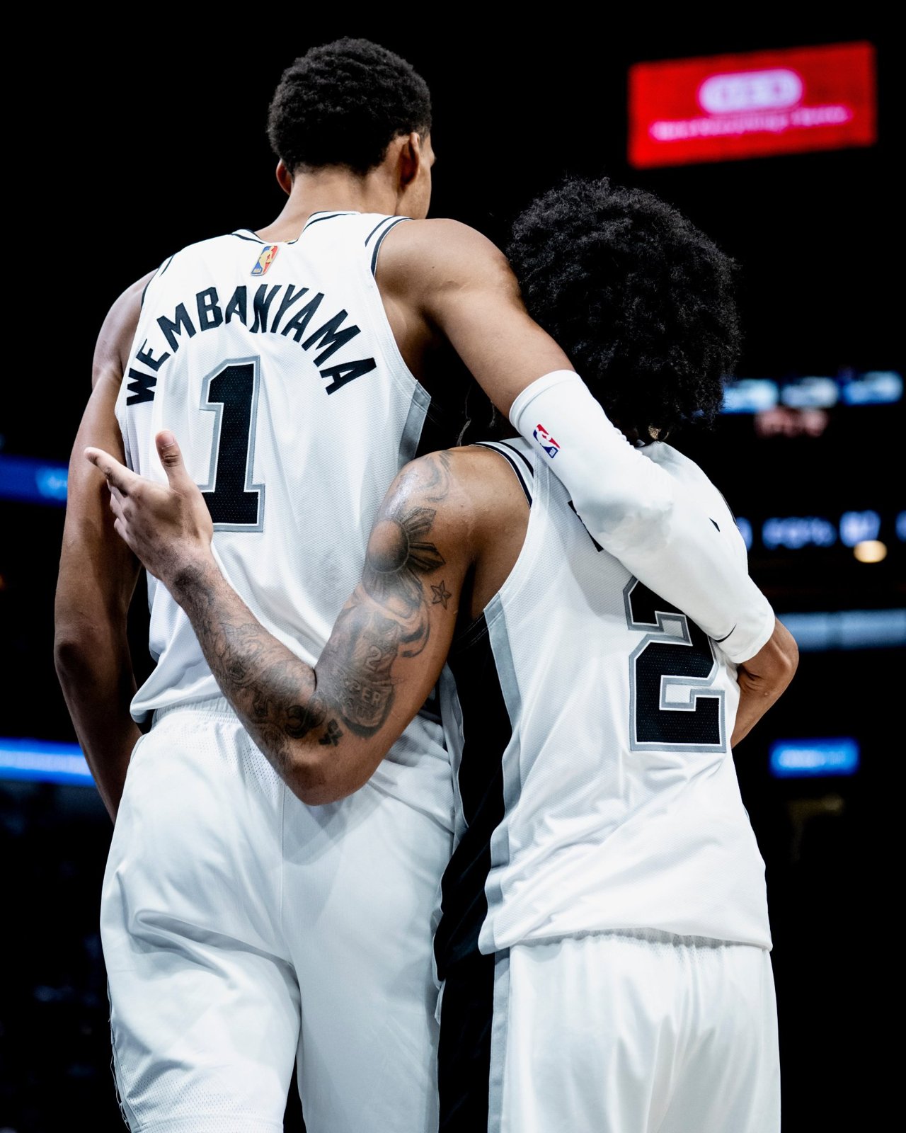 Victor Wembanyama and a teammate during the win over Sacramento