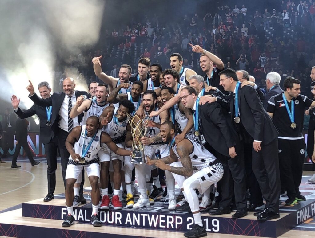 Virtus Bologna players celebrating the 2019 Basketball Champions League title
