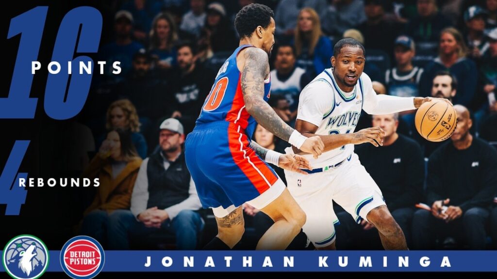 Minnesota Timberwolves forward Jonathan Kuminga drives against the Detroit Pistons