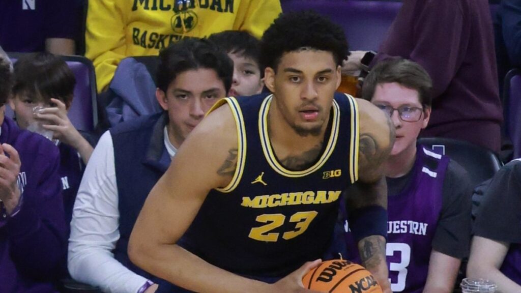 Yaxel Lendeborg in a navy Michigan jersey holding the ball during a college game in February 2026
